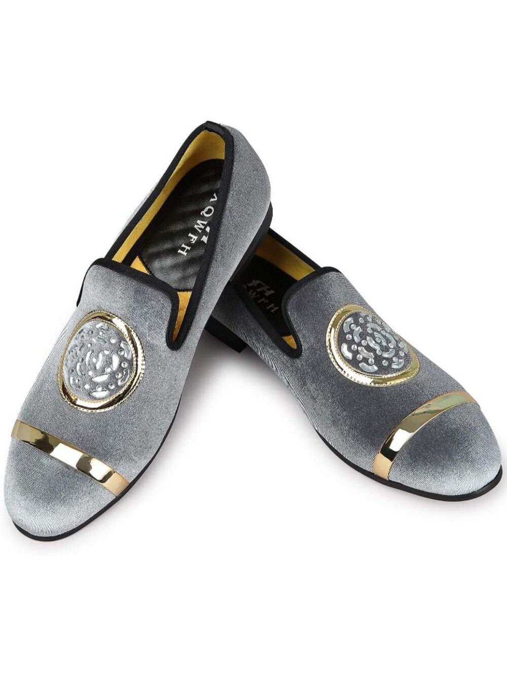 🆕 XQWFH Men's Grey Leather Velvet Loafers With Gold Plate Smoking Slip On Shoes